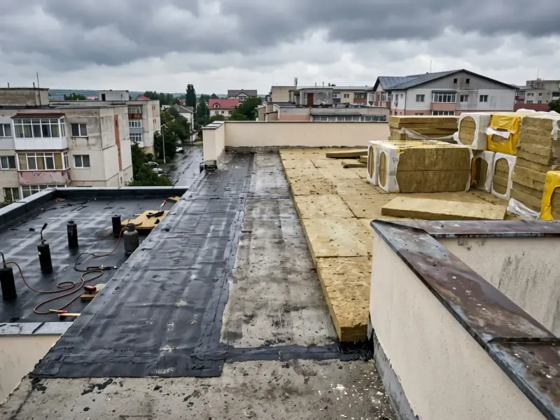 Terasă în renovare cu barieră de vapori și plăci de vată bazaltică lângă atic