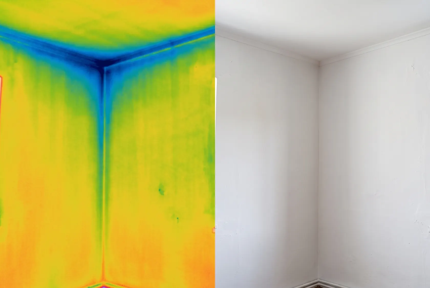 Termogramă și fotografie a aceluiași colț dintre perete și tavan
