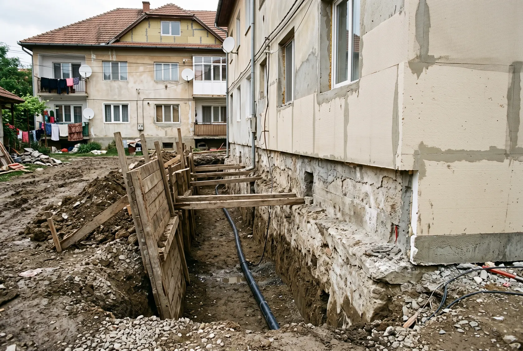 Tranșee de-a lungul fundației vechi, cu sprijiniri din scânduri