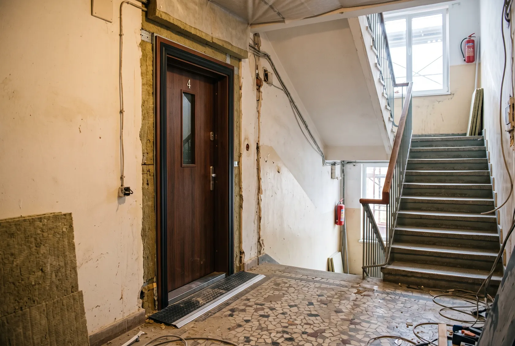 Ușă de apartament cu garnitură de etanșare și prag, spre casa scării