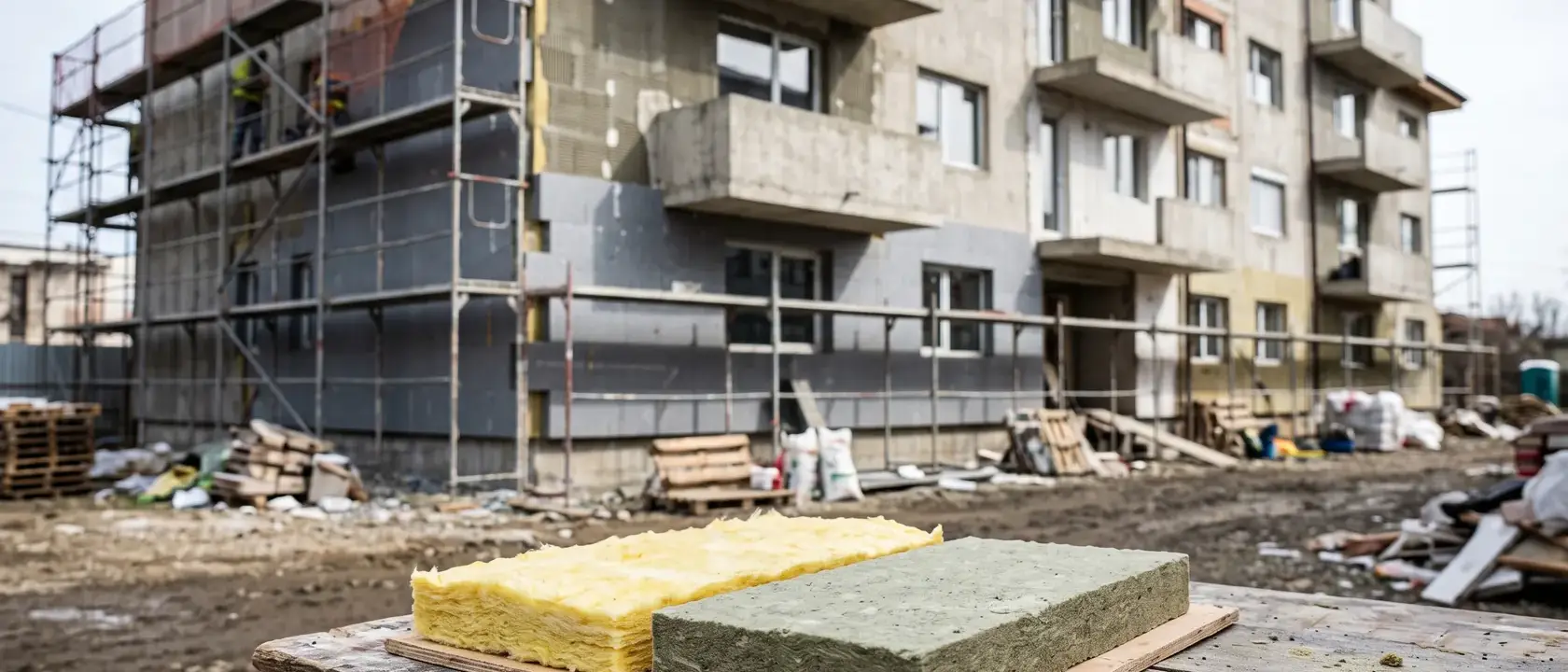 Vată de sticlă și vată bazaltică tăiate la aceeași grosime, alăturate
