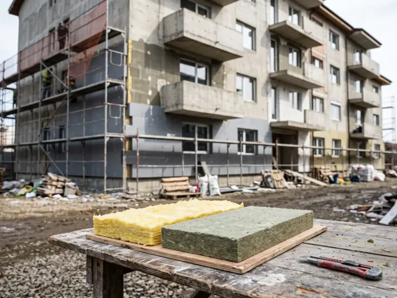 Vată de sticlă și vată bazaltică tăiate la aceeași grosime, alăturate