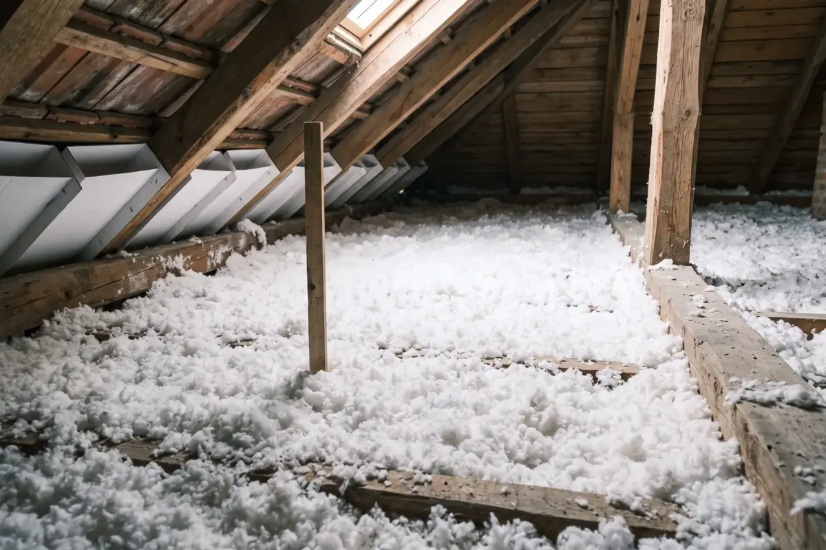 Vată minerală suflată pe planșeul podului, cu riglă pentru grosime