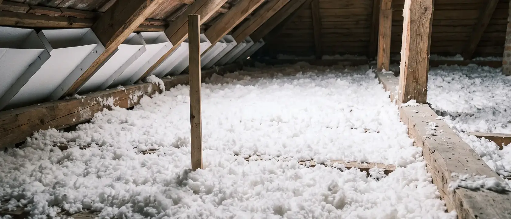 Vată minerală suflată pe planșeul podului, cu riglă pentru grosime