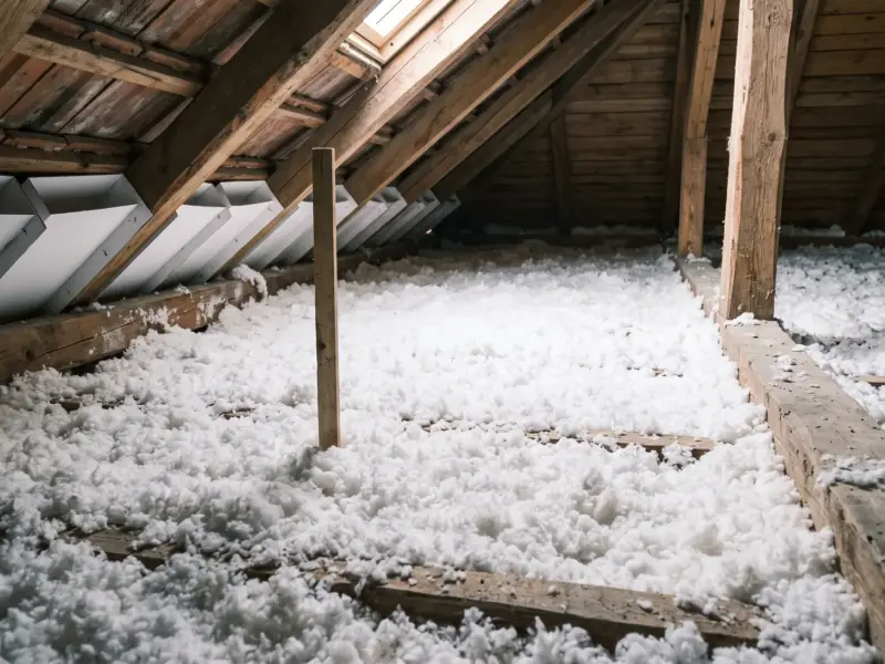 Vată minerală suflată pe planșeul podului, cu riglă pentru grosime