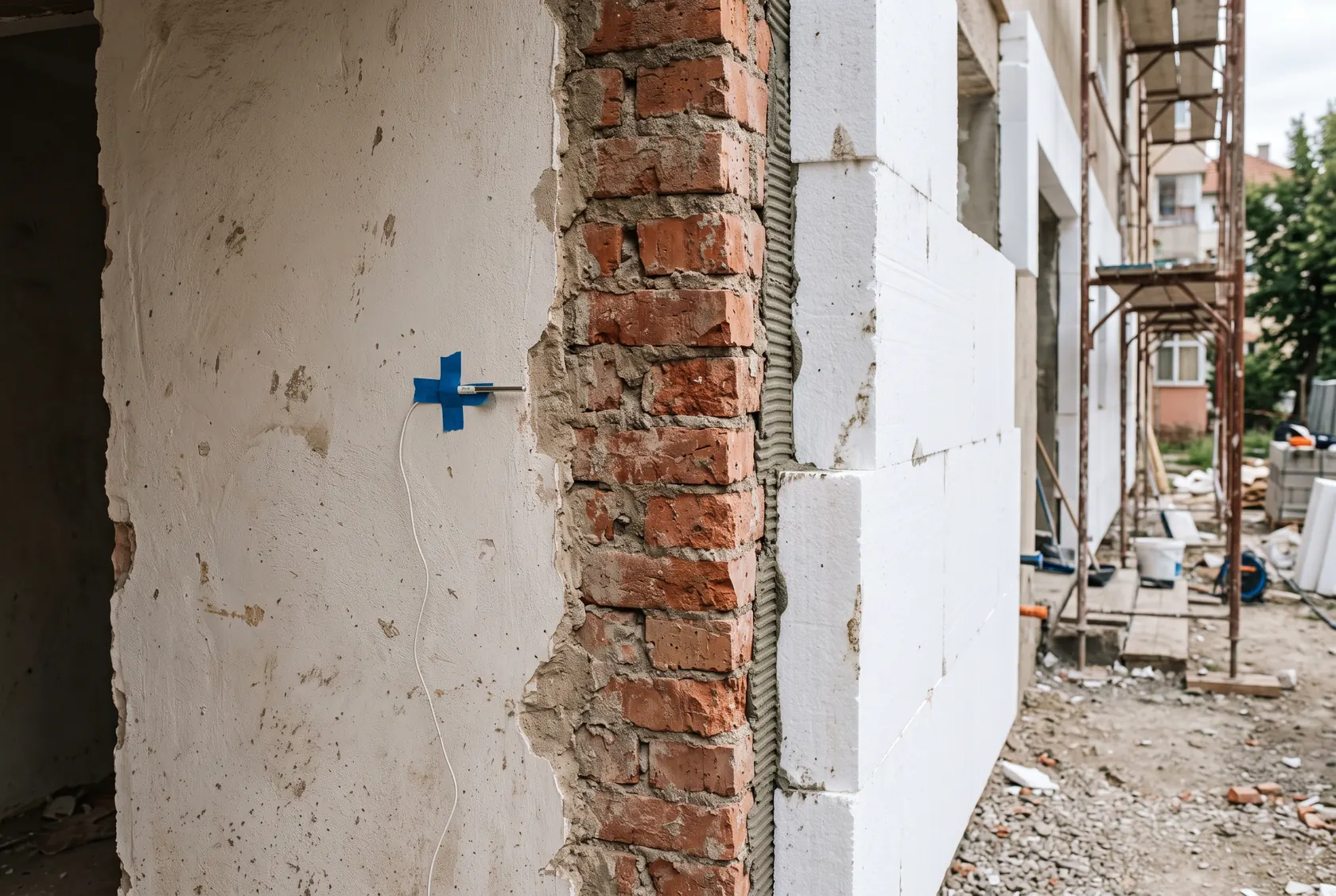 Zid de cărămidă izolat la exterior, cu termometru pe fața interioară